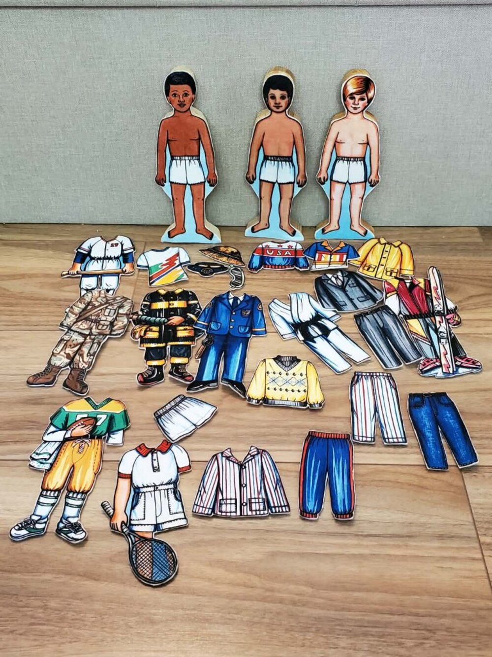 Vintage Felt Doll Lot Wooden and Felt Dolls with Mix-and-Match Felt Clothing Boy